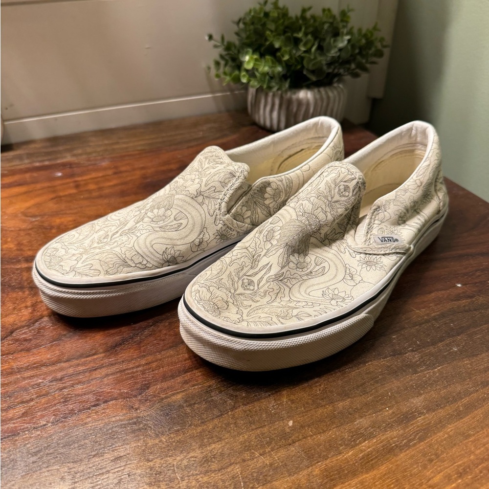 Vans Cream Patterned Slip-On Sneakers